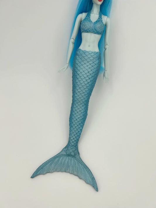 Aquamarine silicone mermaid tail and bra for doll (doll not included)