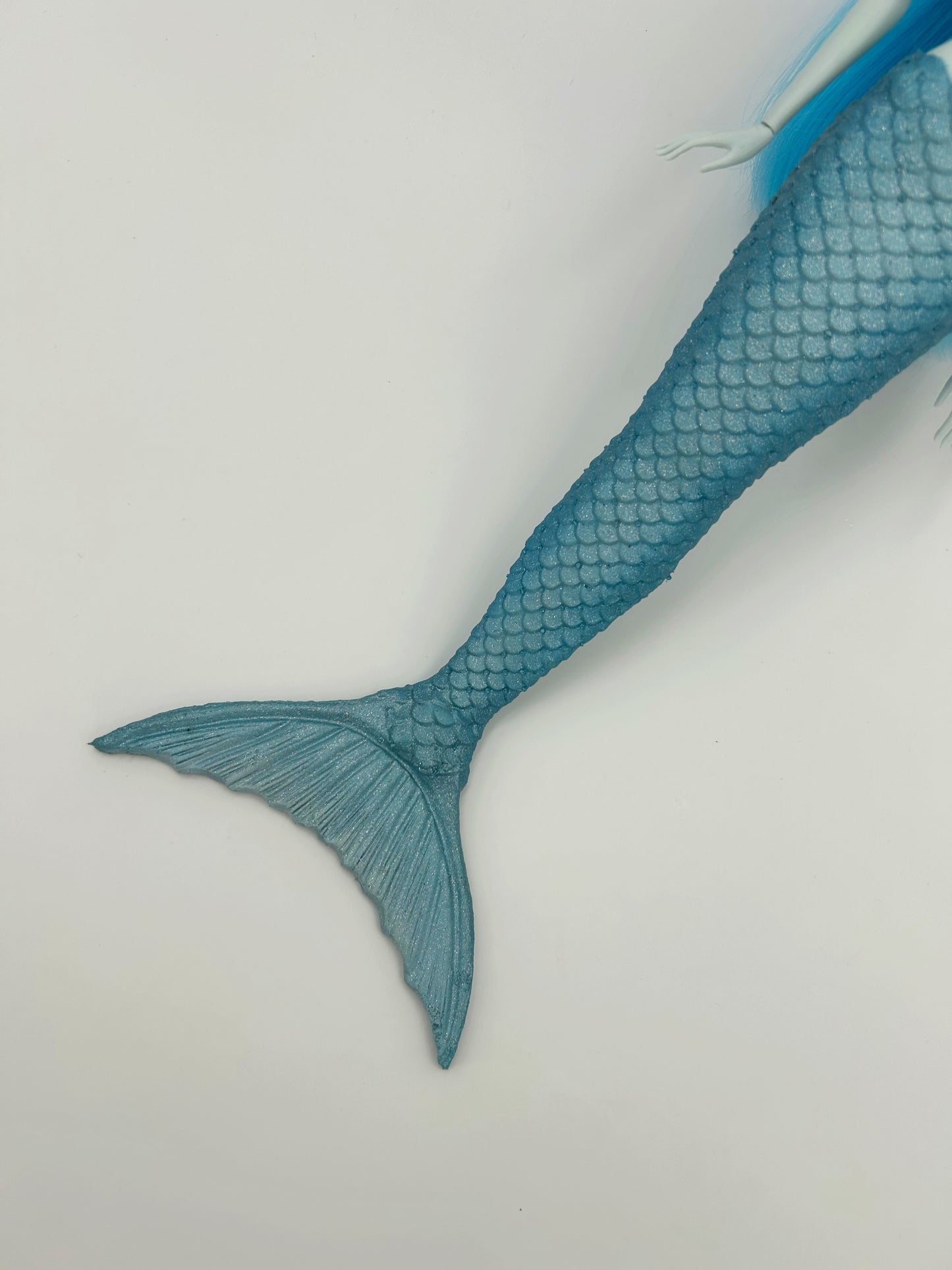 Aquamarine silicone mermaid tail and bra for doll (doll not included)